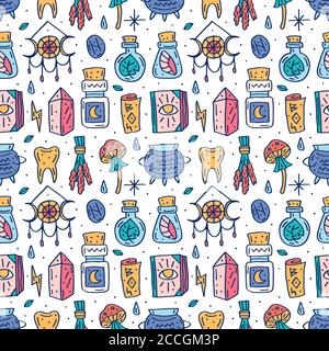 Witchcraft niedlichen Vektor Doodle Hand gezeichnet nahtlose Muster, Hintergrund, Textur. Isoliert auf weißem Hintergrund. Verschiedene magische Werkzeuge, Ausrüstung. Alchem Stock Vektor