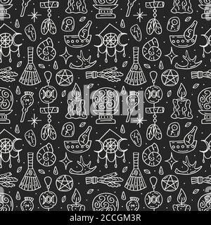 Witchcraft niedlichen Vektor Doodle Hand gezeichnet nahtlose Muster, Hintergrund, Textur auf weißem Hintergrund. Verschiedene magische Werkzeuge, Ausrüstung. Alchemie, Tal Stock Vektor