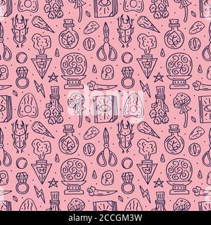 Witchcraft niedlichen Vektor Doodle Hand gezeichnet nahtlose Muster, Hintergrund, Textur. Isoliert auf weißem Hintergrund. Verschiedene magische Werkzeuge, Ausrüstung. Alchem Stock Vektor