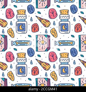 Witchcraft niedlichen Vektor Doodle Hand gezeichnet nahtlose Muster, Hintergrund, Textur. Isoliert auf weißem Hintergrund. Verschiedene magische Werkzeuge, Ausrüstung. Alchem Stock Vektor