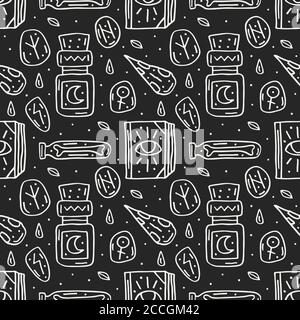 Witchcraft niedlichen Vektor Doodle Hand gezeichnet nahtlose Muster, Hintergrund, Textur. Isoliert auf dunklem Hintergrund. Verschiedene magische Werkzeuge, Ausrüstung. Alchemi Stock Vektor