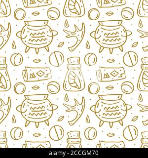 Witchcraft niedlichen Vektor Doodle Hand gezeichnet nahtlose Muster, Hintergrund, Textur. Isoliert auf weißem Hintergrund. Verschiedene magische Werkzeuge, Ausrüstung. Alchem Stock Vektor