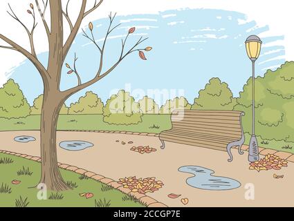 Herbst Park Grafik Farbe Landschaft Skizze Illustration Vektor Stock Vektor