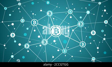 Bitcoin Kryptowährung und Blockchain blauer Hintergrund Stock Vektor