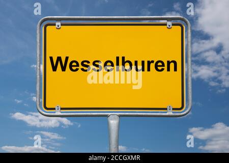 Ortstafel Wesselburen, Schleswig-Holstein, Deutschland Ortsschild Wesselburen, Schleswig-Holstein, Deutschland, Europa Stockfoto