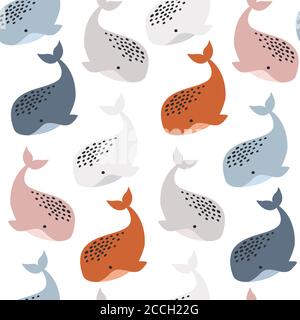 Nahtloses Muster mit Walen. Kreative handgezeichnete Textur für Stoff, Verpackung, Textil, Tapete, Bekleidung. Vektorgrafik Stock Vektor