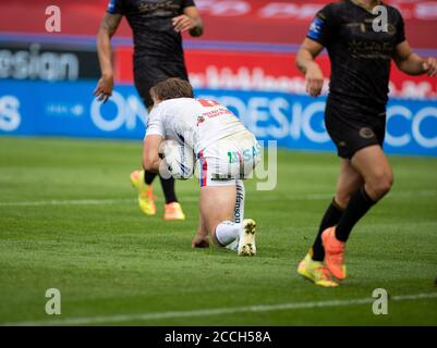 22. August 2020; The John Smiths Stadium, Huddersfield, Yorkshire, England; Rugby League Coral Challenge Cup, Catalan Dragons versus Wakefield Trinity; Jacob Miller von Wakefield Trinity punktet spät in der zweiten Hälfte Stockfoto