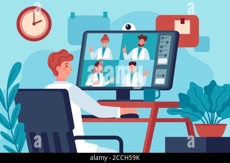 Medizinische Videokonferenzen. Arzt im Video-Chat mit Mitarbeitern Online-Beratung Diagnose covid 19. Virtuelle medizinische Experten Vektor-Konzept Stock Vektor