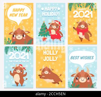 Ox 2021. Happy chinese Neujahr Grußkarten, Stier mit Hörnern Wohlstand Tierkreis Zeichen mit asiatischen Elementen östlichen Horoskop Vektor-Set Stock Vektor