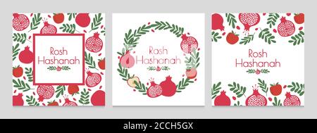 Rosh hashanah. Jüdische Neujahr Grußkarten mit Granatapfel und Apfel. Judentum shana tova Urlaub Vektor Hintergründe Stock Vektor