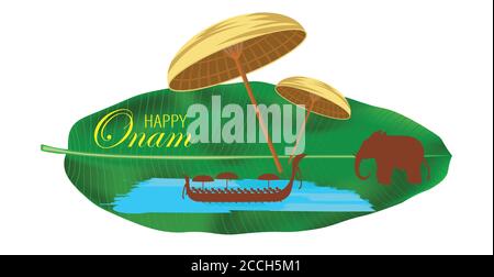 Happy Onam ein sehr berühmtes südindisches Festival von Indien. Kathakali Gesicht Vektor Design ein klassischer Tanz von Kerala Indien Stock Vektor