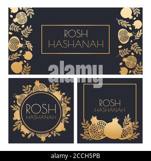 Jüdisches Neujahr. Happy Shana Tova, Rosh Hashanah Urlaub Symbole und Granatapfel Gruß Poster Vektor-Vorlage Stock Vektor