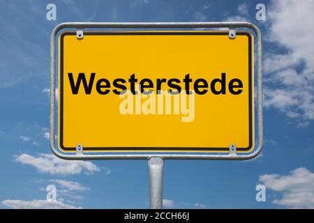 Ortstafel Westerstede, Niedersachsen, Deutschland Ortsschild Westerstede, Niedersachsen, Deutschland, Europa Stockfoto