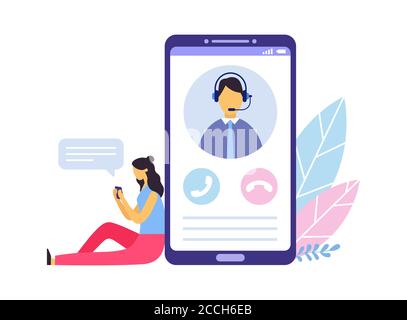 Kundensupport. Person Berater und hilfreiche Beratung. Frau, die neben einem großen Smartphone sitzt und chatet Stock Vektor