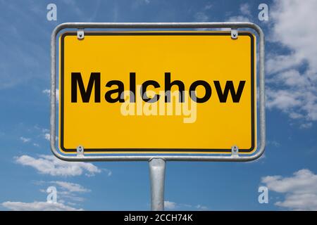 Ortstafel Malchow, Mecklenburg-Vorpommern, Deutschland Ortsschild Malchow, Mecklenburg-Vorpommern, Deutschland, Europa Stockfoto
