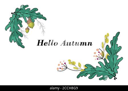 Vorlage für Grußkarten im Herbst. Handzug Bunte Illustration von Eichenblättern, Eicheln, Beeren, Ästen Stock Vektor