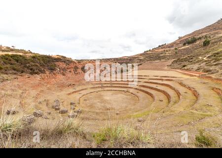 Moray archäologische Inka-Ruinen mit kreisförmigen Terrassen, im heiligen Tal, in der Nähe von Cusco, in Peru. Stockfoto