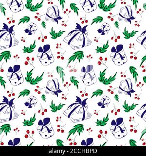 Weihnachtsgeschenkboxen Nahtloses Muster. Handgezeichneter Skizzenstil. Farbenfrohe Originalkunstwerke. Stock Vektor