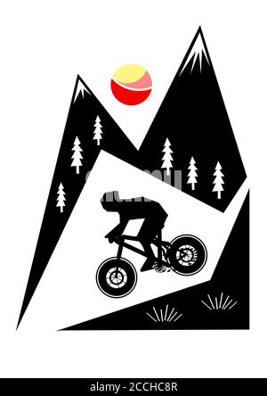 Schwarz-weiß Umriss eines Radfahrers geht die Straße in den Bergen und roter Mond Stockfoto