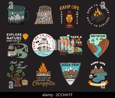 Vintage Mountain Camp Abzeichen Logos Set, Abenteuer Patches. Handgezeichnete Sticker Designs Bündel. Reise-Expedition, Rucksacktouristen Etiketten. Wandern im Freien Stock Vektor