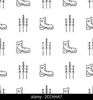 Vintage handgezeichnete Camping nahtlose Muster mit Retro-Camp Stiefel und Pinien Elemente. Abenteuer Silhouette Linie Kunst Grafiken. Stock Vektor Wandern Stock Vektor