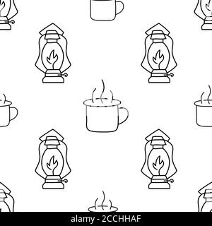 Vintage handgezeichnete Camping nahtlose Muster mit Retro-Camp Laterne und Tasse Elemente. Abenteuer Silhouette Linie Kunst Grafiken. Stock Vektor Wandern Stock Vektor