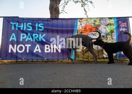 Schild „Dies ist ein Park ist kein Abfalleimer“ Wandsworth Common in London Stockfoto