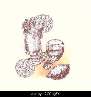 Alkoholischer Cocktail Drink Hand gezeichnet Skizze Kunst auf Aquarell Hintergrund Vodka, Whiskey, Wein Vintage-Design für Bar, Restaurant, Café-Menü, Flyer Stock Vektor