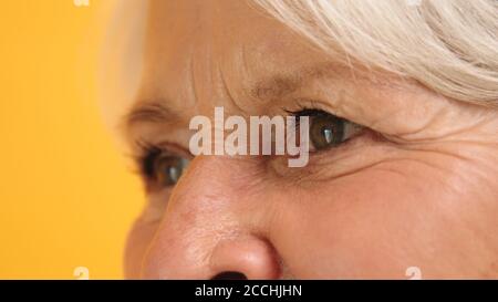 Makroaufnahme eines grünen Auges mit Falten einer älteren Frau. Seitenansicht. Hochwertige Fotos Stockfoto