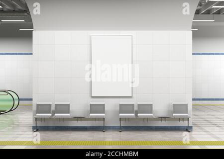 Leere vertikale Poster-Modell an der Wand der U-Bahn-Station. 3d-Illustration Stockfoto