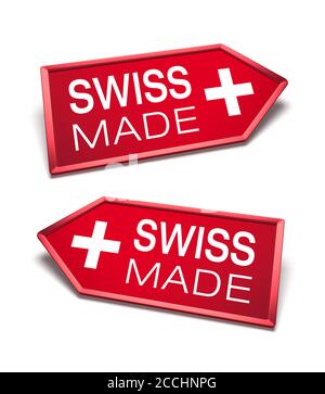 Hergestellt in der Schweiz. Swiss Made Zertifikat innerhalb Pfeil Symbol Formen, nach links und rechts. Stockfoto