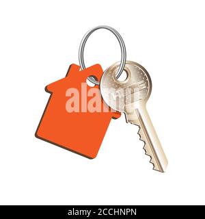 Schlüsselhaus auf dem Ring mit einem roten Schlüsselanhänger, Konzept des Verkaufs Kauf von Immobilien, Vermietung von Immobilien Stock Vektor