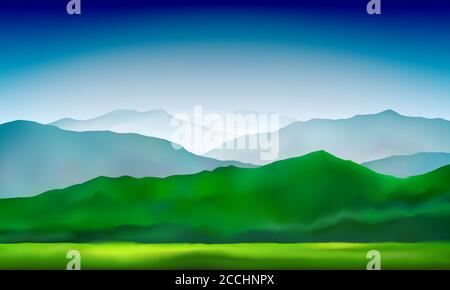 Grüne Berge Hügel und Wiesen Landschaft. Abstrakter Natur Hintergrund. Berglandschaft. Vektor farbenfroher Hintergrund Stock Vektor