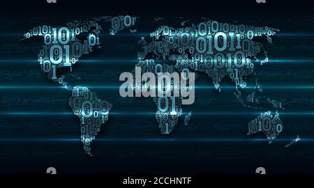 Abstrakte Kartenwelt mit Kontinenten aus digitalem Binärcode auf dunkelgrünem Hintergrund mit leuchtenden Transaktionslinien, Konzept von Big Data, global Stock Vektor