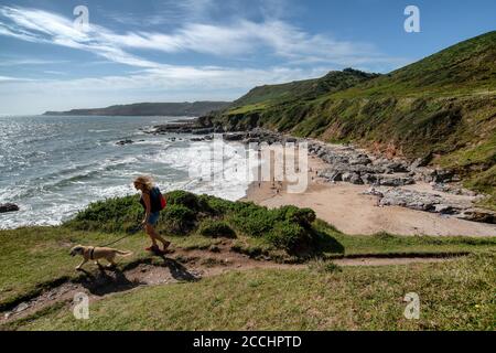 Eine Frau geht mit einem Hund am Great Mattiscombe Beach vorbei, der manchmal als Mattiscombe Sands am Südwestküstenpfad in South Hams, Devon, bekannt ist. Stockfoto