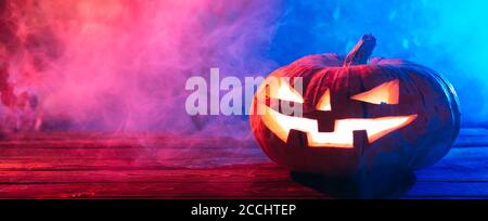 Halloween Kürbis auf einem Baum in einem dunklen Wald in der Nacht. Stockfoto