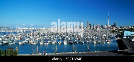 Yachten im Waitemata Harbour (Westhaven Harbour) mit Skytower und Auckland skyline Stockfoto