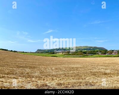 Blick über die Felder in Richtung der Küstenstadt Port Erin, Isle of man, Britische Inseln Stockfoto