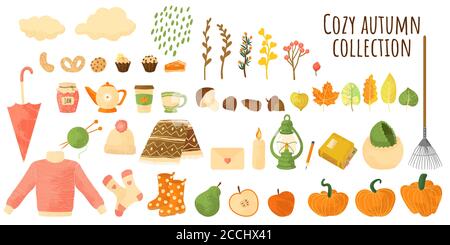 Herbst-Elemente im flachen Cartoons-Stil mit grange-Textur. Bunte Vektor-Illustration isoliert auf weiß. Herbst Icons Kollektion im einfachen Kinderstil Stock Vektor