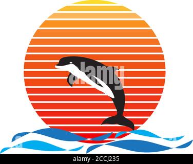 Vektor von Delphin auf Meer und Sonnenuntergang im Hintergrund. Delphin springen aus Wasser Unternehmen Logo Illustration Design Stock Vektor