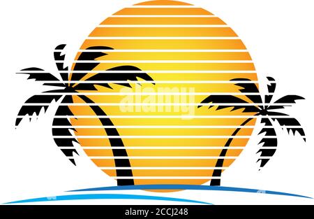 Vektor der Palmenumrissungen auf einem gradienten Sonnenuntergang. Retro-Stil 80er-Logo oder Symbol Illustration Design Stock Vektor