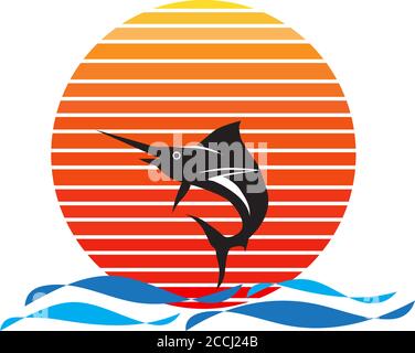 Vektor von blauen Marlin Fisch auf dem Meer und Sonnenuntergang im Hintergrund. Segel Fisch springen aus Wasser Unternehmen Logo Illustration Design Stock Vektor