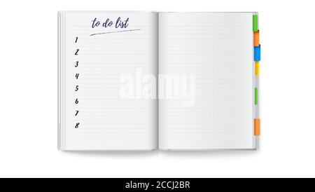 Realistisches geöffnetes Notizbuch mit sauberer To-Do-Liste und farbigen Lesezeichen. Vektor-3d-Illustration isoliert auf Weiß Stock Vektor