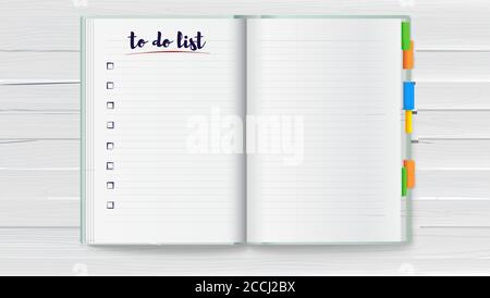 Realistisches geöffnetes Notizbuch mit sauberer To-Do-Liste und farbigen Lesezeichen auf Holzschreibtisch. Vektor-3d-Illustration Stock Vektor
