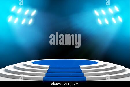 Weißes Podium und blauer Teppich mit Scheinwerfer im Dunkeln Zimmer Stock Vektor