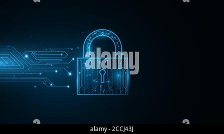 Sicherheitsschloss im Cyber-Stil. Kennwortschutz für Computersystemdaten und -Dateien. Wissenschaftlicher Hintergrund. Leuchtendes Blau der Hauptplatine. Vektorgrafik Stock Vektor