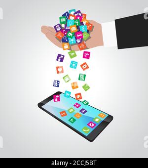 Die Hand lädt und installiert Apps auf dem Smartphone. Herunterladen von Anwendungen, isoliert auf Weiß Stock Vektor