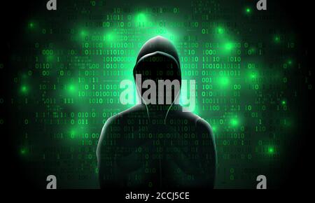 Silhouette eines Hackers in einer Haube, vor einem Hintergrund von glühenden grünen Binärcode, Hacking eines Computersystems, Datendiebstahl, Netzwerkangriff Stock Vektor
