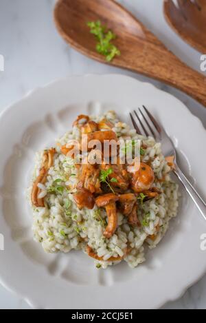 Hausgemachtes Risotto mit Pfifferlingen und Kräutern Stockfoto