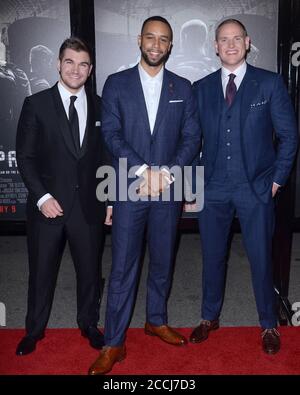 LOS ANGELES - 5. FEB: Alec Skarlatos, Anthony Sadler, Spencer Stone bei der Weltpremiere von 15:17 bis Paris im Warner Brothers Studio am 5. Februar 2018 in Burbank, CA Stockfoto